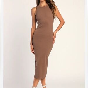 Lulu's Brown Sleeveless Ribbed Midi Dress